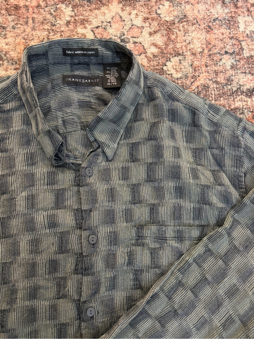 Vintage Jhane Barnes Men’s XL Gray Blue Geometric Cotton Rayon LS Button-Up